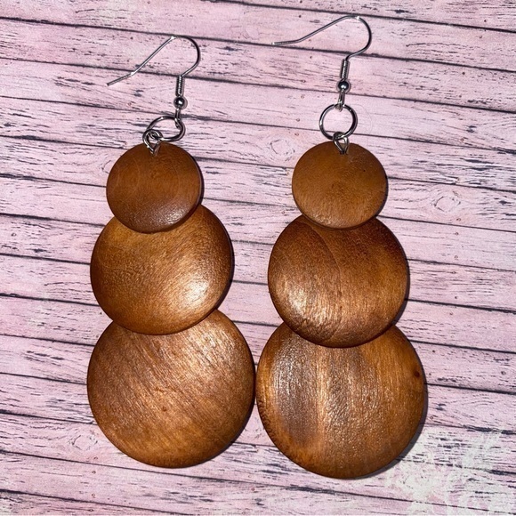 Wooden Lightweight Drop Dangle Earrings Brown Circles